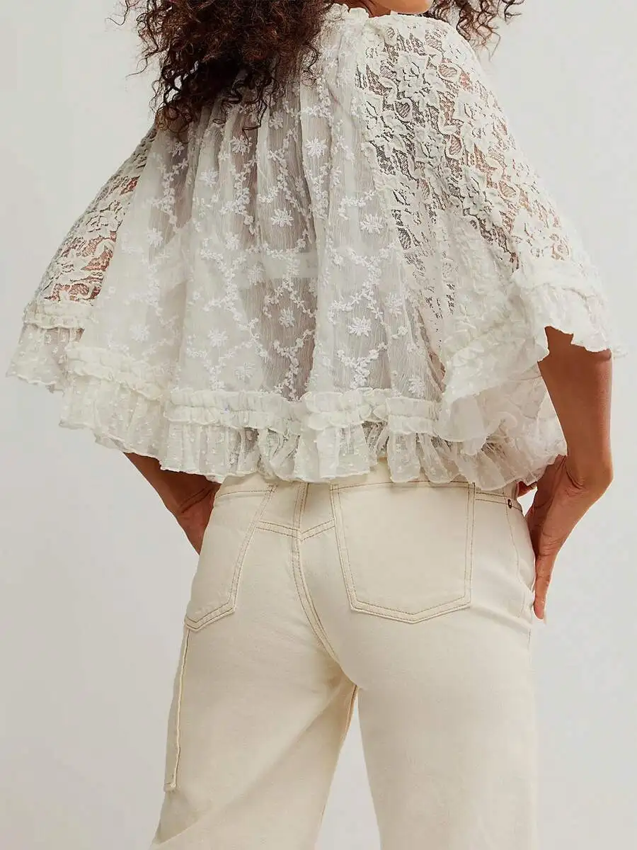 Womens Lace 3/4 Sleeve Sheer Blouse With Floral Embroidery And Ruffle Hem
Womens Lace 3/4 Sleeve Sheer Blouse With Floral Embroidery And Ruffle Hem