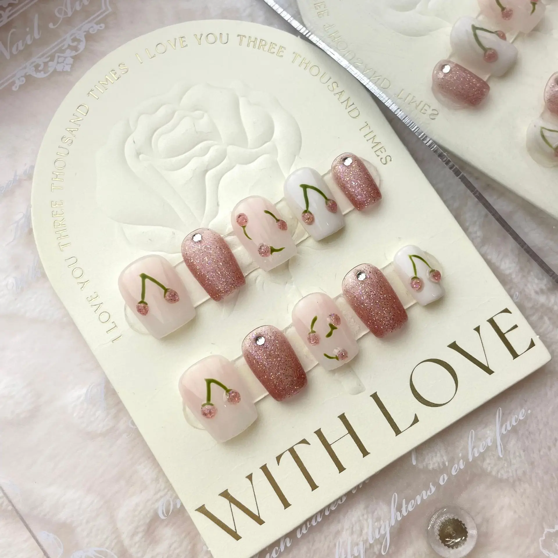 10 PCS Luxury Handmade Press on Nails Short Trapezoid Crystal Cherry Design with 4-PIECE Tool Adhesive Nail Glue Tabs
10 PCS Luxury Handmade Press on Nails Short Trapezoid Crystal Cherry Design with 4-PIECE Tool Adhesive Nail Glue Tabs