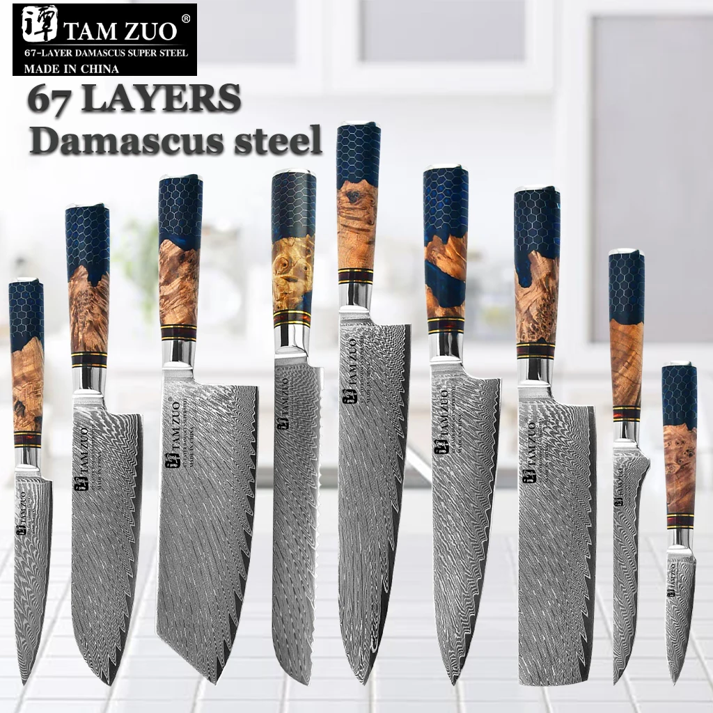 TAMZUO 1-9PCS Kitchen Knives Set Damascus Steel Chef Knife Boning Knife Vegetables Sliced Meat Bread Blue Resin Honeycomb Handle
TAMZUO 1-9PCS Kitchen Knives Set Damascus Steel Chef Knife Boning Knife Vegetables Sliced Meat Bread Blue Resin Honeycomb Handle