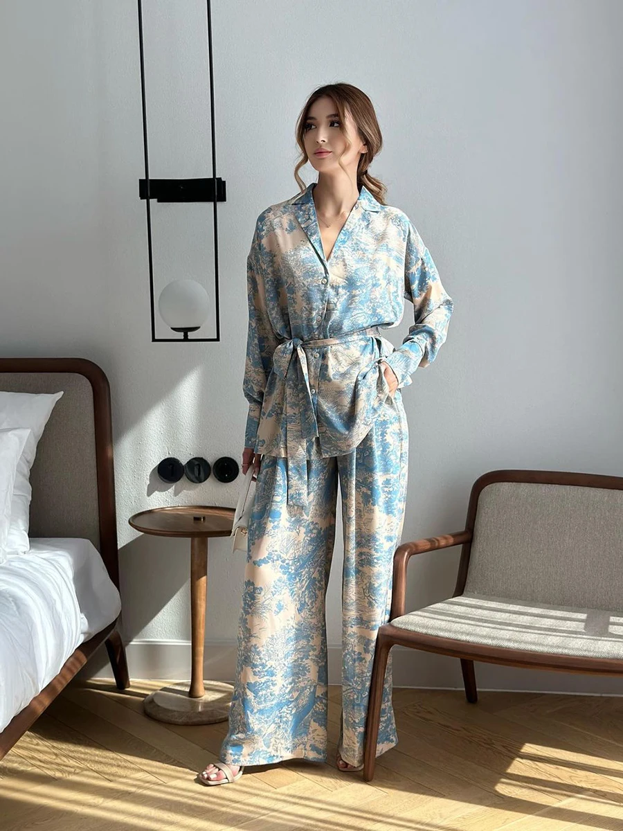 Ink Print Wide Leg Pants Sets Women Single Breasted Long Sleeve Lace-up Blouse+trouser Summer Elegant Fashion Casual 2 Piece Set
Ink Print Wide Leg Pants Sets Women Single Breasted Long Sleeve Lace-up Blouse+trouser Summer Elegant Fashion Casual 2 Piece Set