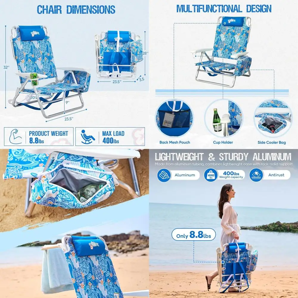 Lightweight 5-Position Reclining Beach Chair with Cooler Bag, Portable and Durable for Adults Up to 400 LBS
Lightweight 5-Position Reclining Beach Chair with Cooler Bag, Portable and Durable for Adults Up to 400 LBS