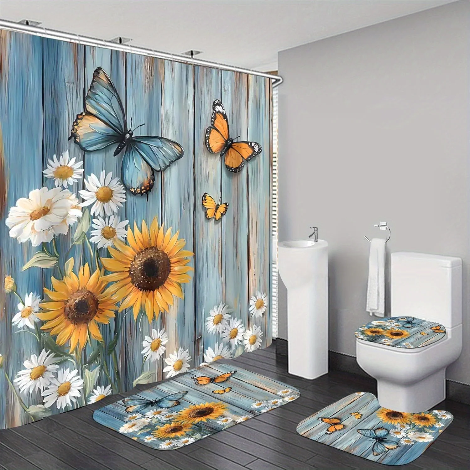 4pc Sunflower and daisy floral pattern, machine washable polyester fabric, shower curtain, toilet mat, non-slip mat U-shaped mat
4pc Sunflower and daisy floral pattern, machine washable polyester fabric, shower curtain, toilet mat, non-slip mat U-shaped mat