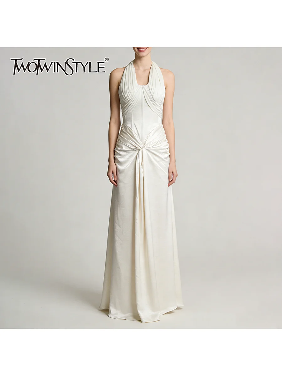 TWOTWINSTYLE Temperament Solid Dresses for Women Halter Sleeveless High Waist Slimming Spliced Folds Long Dress Female Fashion
TWOTWINSTYLE Temperament Solid Dresses for Women Halter Sleeveless High Waist Slimming Spliced Folds Long Dress Female Fashion