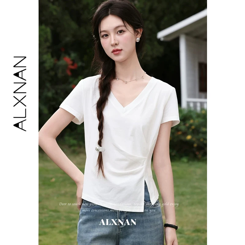 ALXNAN White T-shirt Women Summer V-neck Pleated Split Waist Short Sleeve T-shirts 2026 Elegant Basic Casual Female Tops L63916
ALXNAN White T-shirt Women Summer V-neck Pleated Split Waist Short Sleeve T-shirts 2026 Elegant Basic Casual Female Tops L63916