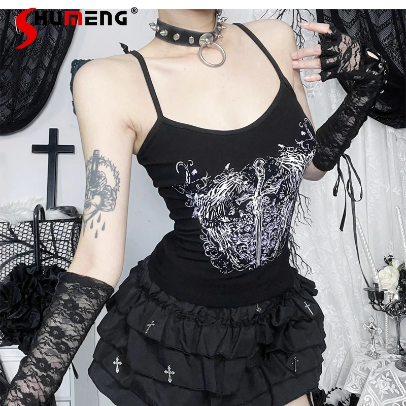 2025 Summer Printed Sling Vest Black Wear Y2K Goth Waist Soft Girl Top Women's Japanese Strap Top Slimming Camisoles Clothing
2025 Summer Printed Sling Vest Black Wear Y2K Goth Waist Soft Girl Top Women's Japanese Strap Top Slimming Camisoles Clothing