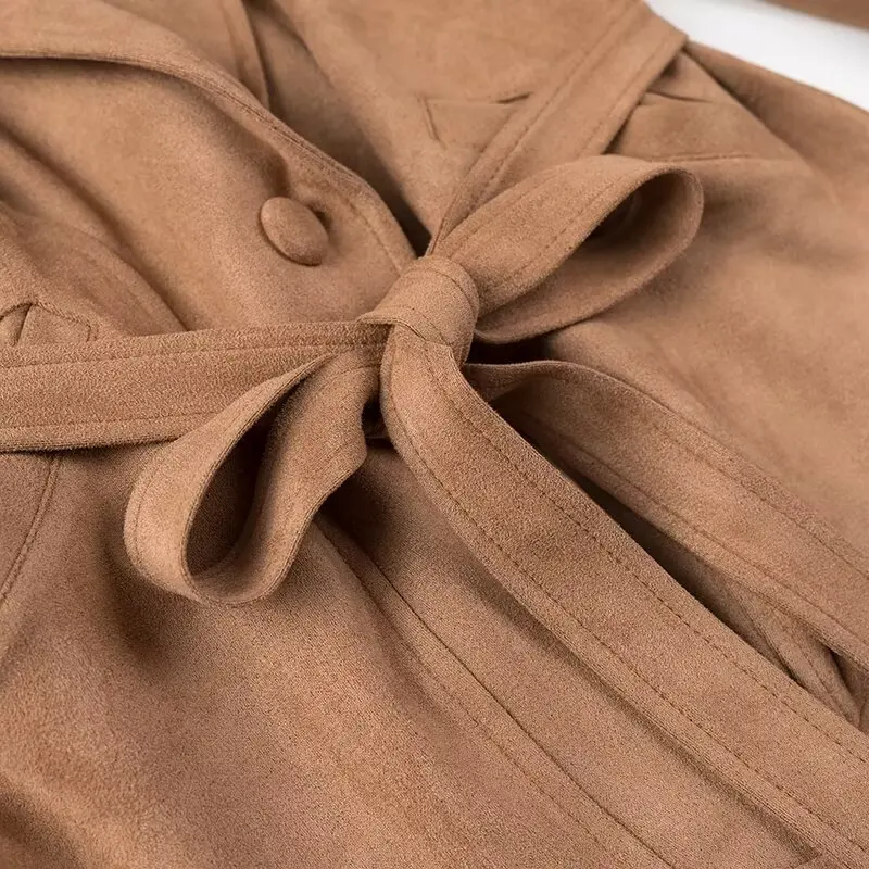 Faionable Suede Jaet Женская верхняя одежда с поясом и галстуком на талии Осенняя новинка Sle Женская длинная одежда из полиэстера на пуговицах 
Faionable Suede Jaet Женская верхняя одежда с поясом и галстуком на талии Осенняя новинка Sle Женская длинная одежда из полиэстера на пуговицах