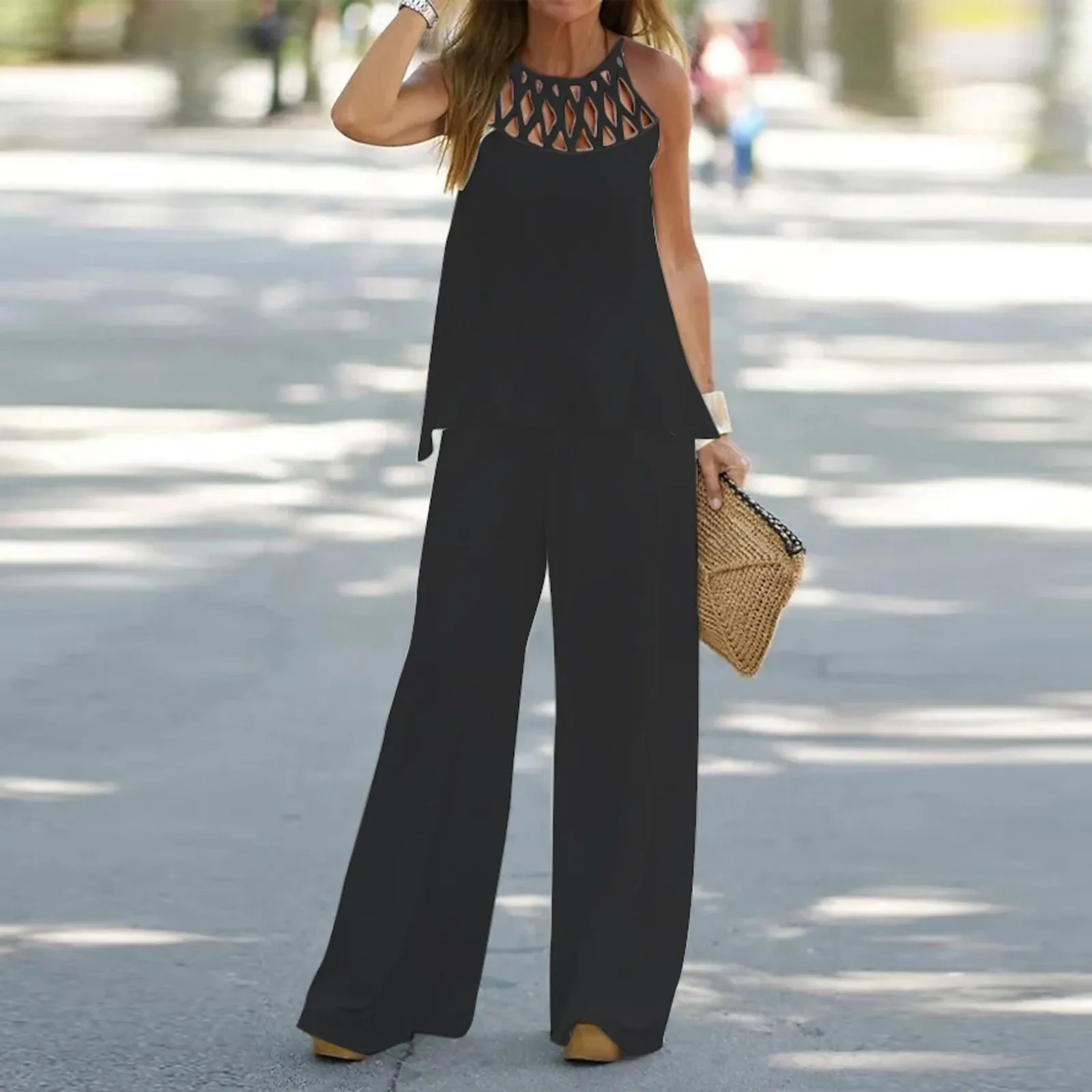 Women's Fashion Casual Pant Sets Solid Color Grid Hollow Out Round Neck Sleeveless Tank Tops And Loose Pants Two Piece Outfits
Women's Fashion Casual Pant Sets Solid Color Grid Hollow Out Round Neck Sleeveless Tank Tops And Loose Pants Two Piece Outfits