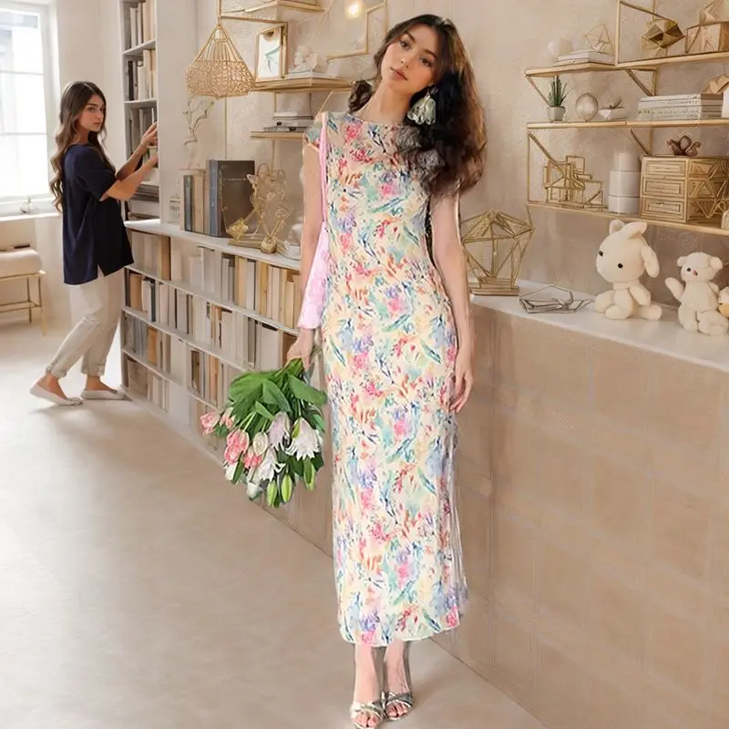 Floral Print Round Neck Sleeveless Waist Package Hip Long Dress Women Slim Thin Temperament Dresses
Floral Print Round Neck Sleeveless Waist Package Hip Long Dress Women Slim Thin Temperament Dresses