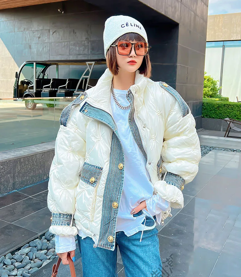 Denim Stitching Down Cotton Clothes Winter Stand Collar Short Jacket Korean Casual Loose Long Sleeve Cotton Parka Female Outwear
Denim Stitching Down Cotton Clothes Winter Stand Collar Short Jacket Korean Casual Loose Long Sleeve Cotton Parka Female Outwear