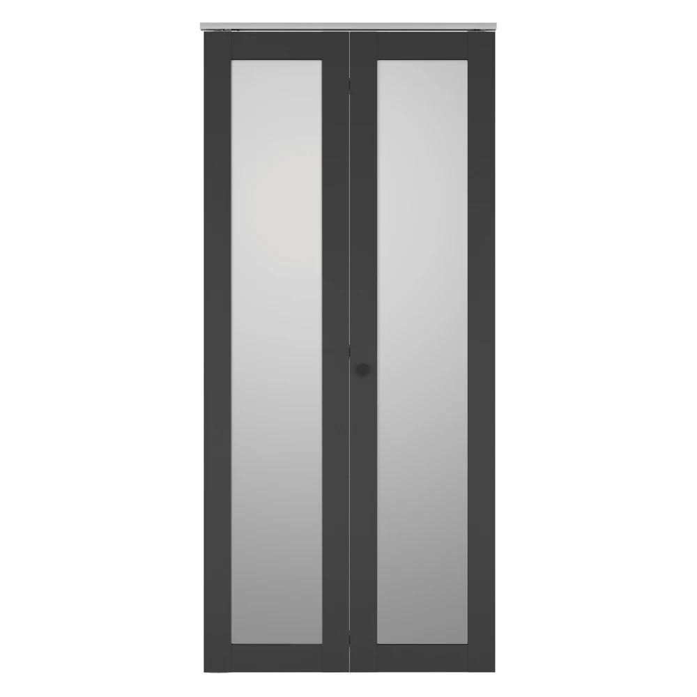 36 in. x 80 in. Full Lite Frosted Glass Black MDF Bi-Fold Door with Hardware Kit and Door Handle
36 in. x 80 in. Full Lite Frosted Glass Black MDF Bi-Fold Door with Hardware Kit and Door Handle
