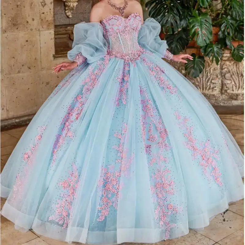Sky Blue Quinceanera Dresses 2025 Appliques Bow Flower Beads Tulle Puffy Sleeves Formal Dress 16 Years Old Vestidos De 15 Sweet
Sky Blue Quinceanera Dresses 2025 Appliques Bow Flower Beads Tulle Puffy Sleeves Formal Dress 16 Years Old Vestidos De 15 Sweet