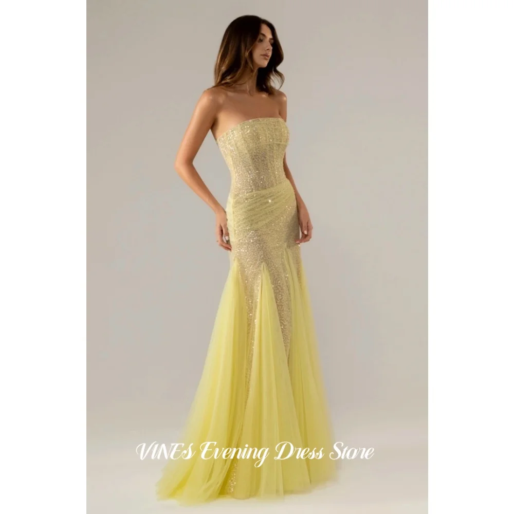 VINES Yellow Strapless Mermaid Prom Dress Sequined Evening Dress Soft Layered Flowy Tulle Floor Skirt Slim Party Gown Customized
VINES Yellow Strapless Mermaid Prom Dress Sequined Evening Dress Soft Layered Flowy Tulle Floor Skirt Slim Party Gown Customized