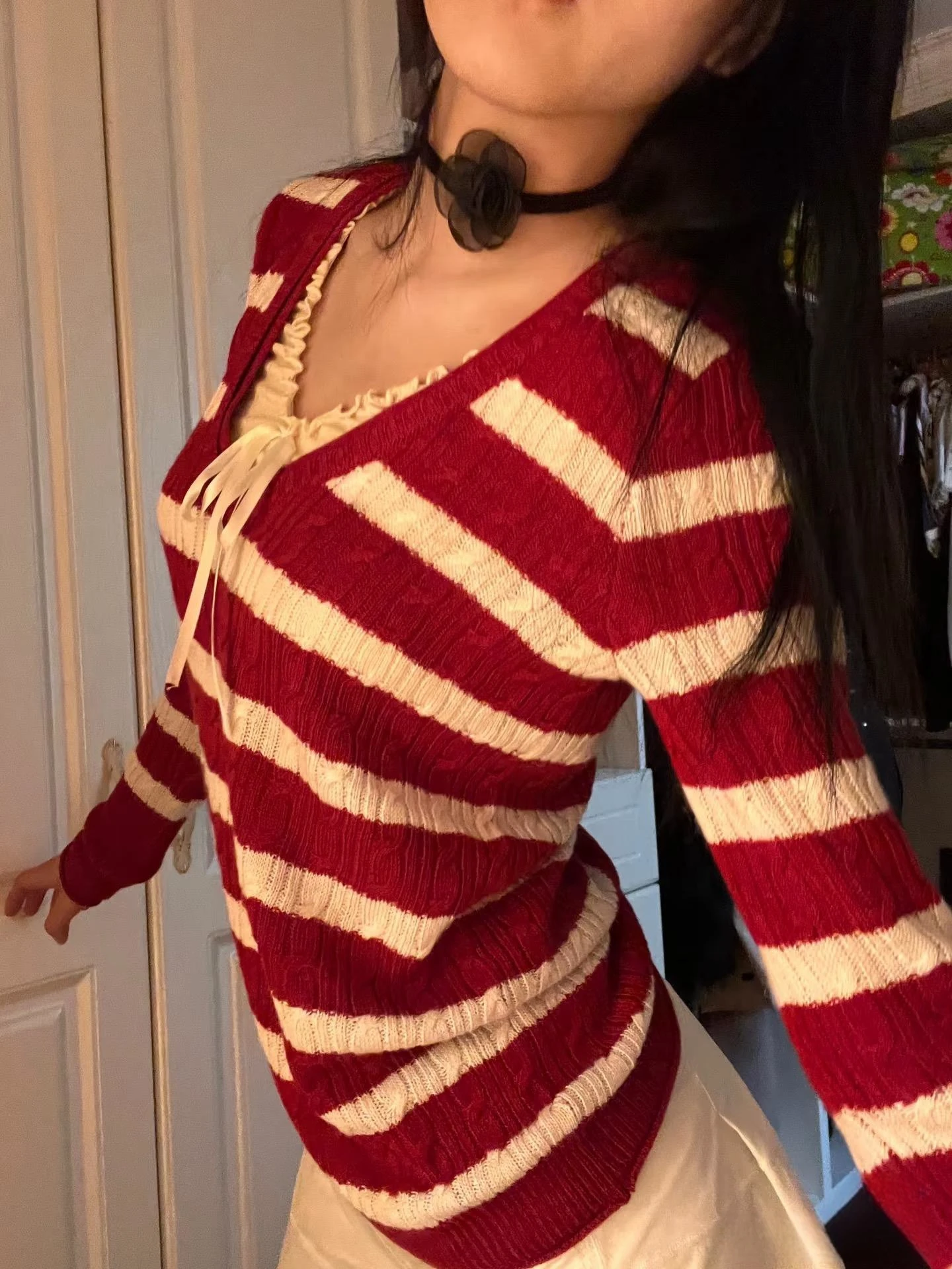 Retro Red White Striped Knitted Sweater Long Sve V Ne Design Women's Faion Autumn Clothes Twist Yarn Knitwear
Retro Red White Striped Knitted Sweater Long Sve V Ne Design Women's Faion Autumn Clothes Twist Yarn Knitwear