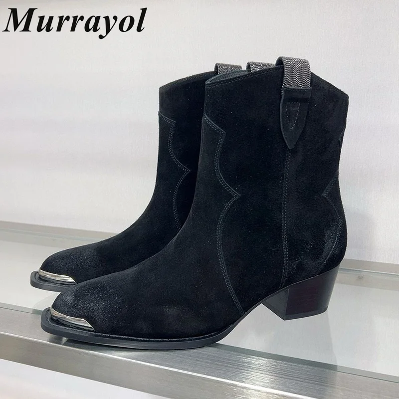 Pointed Toe Metal Decor Thick Heel Ankle Boots Women Cow Suede Splicing Retro Short Boots Spring Autumn Versatile Chelsea Boots
Pointed Toe Metal Decor Thick Heel Ankle Boots Women Cow Suede Splicing Retro Short Boots Spring Autumn Versatile Chelsea Boots