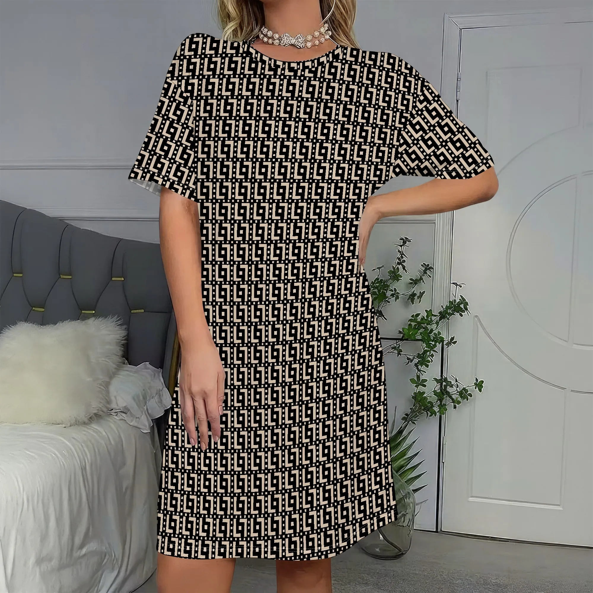FF Print, Short Sleeve Dress, Monogram Pattern, Casual Tunic, Women's Summer Fashion, S-2XL
FF Print, Short Sleeve Dress, Monogram Pattern, Casual Tunic, Women's Summer Fashion, S-2XL