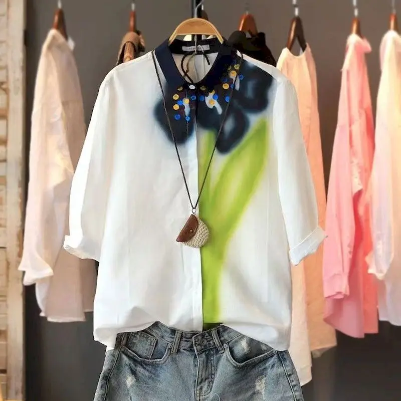 Printed White Shirts Women Summer Vintage Harajuku Polo-neck Loose Half Sleeve Single Breasted Korean Style Blouse Women Tops
Printed White Shirts Women Summer Vintage Harajuku Polo-neck Loose Half Sleeve Single Breasted Korean Style Blouse Women Tops