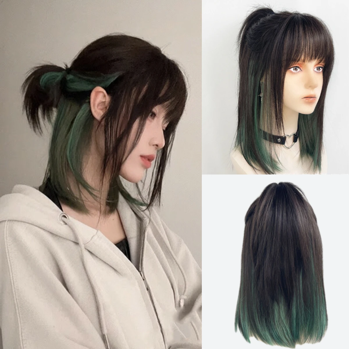 Women Black Green Ombre Short Straight Synthetic Wig Y2K Mullet Head Wig With Bangs For Daily Party Cosplay Heat Resistant
Women Black Green Ombre Short Straight Synthetic Wig Y2K Mullet Head Wig With Bangs For Daily Party Cosplay Heat Resistant