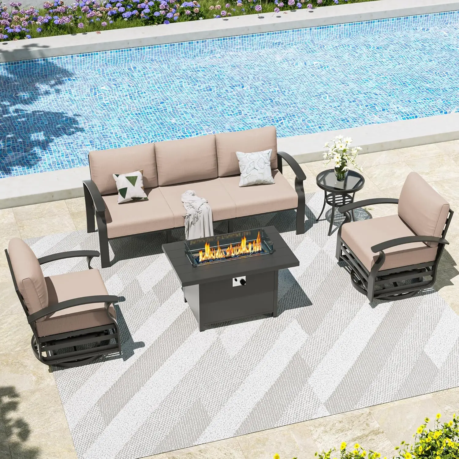 5pc Aluminum Patio Set Swivel Chairs & Propane Fire Pit Table 45in Cushion Outdoor Conversation Porch Deck, Customized
5pc Aluminum Patio Set Swivel Chairs & Propane Fire Pit Table 45in Cushion Outdoor Conversation Porch Deck, Customized