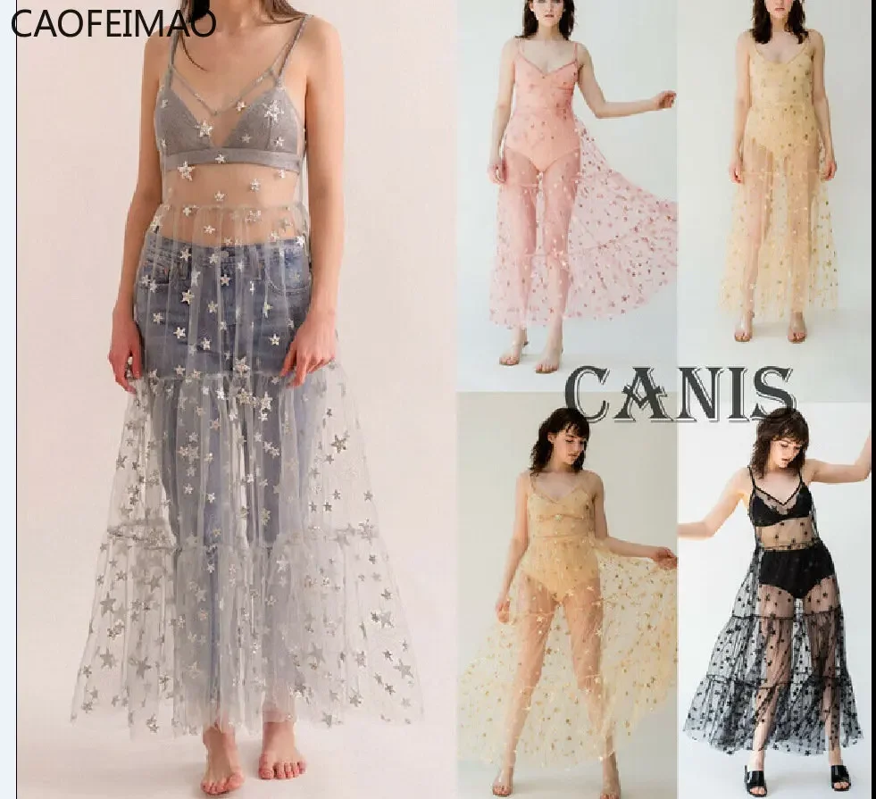 Caofeimao Womens Lace Mesh Spaghetti Straps See Through Cover Sexy See Through Baggy Ladies Stars Beach Bling Bling Long Dress
Caofeimao Womens Lace Mesh Spaghetti Straps See Through Cover Sexy See Through Baggy Ladies Stars Beach Bling Bling Long Dress