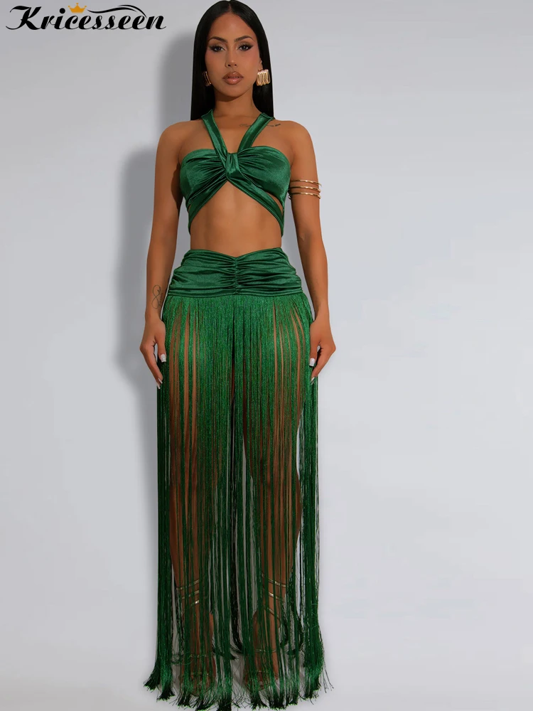 Kricesseen Stylish Green Fringed Skirt Set 2 Piece Outfits Summer Twist Front Crop Top Tassel Swimsuits Set Beach Suits Clubwear
Kricesseen Stylish Green Fringed Skirt Set 2 Piece Outfits Summer Twist Front Crop Top Tassel Swimsuits Set Beach Suits Clubwear