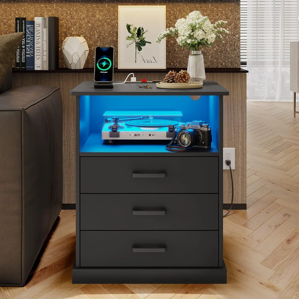 Nightstand with Charging Station and LED Lights, Large Bedside Table with 3 Storage Drawer, Night Stand for Bedroom
Nightstand with Charging Station and LED Lights, Large Bedside Table with 3 Storage Drawer, Night Stand for Bedroom
