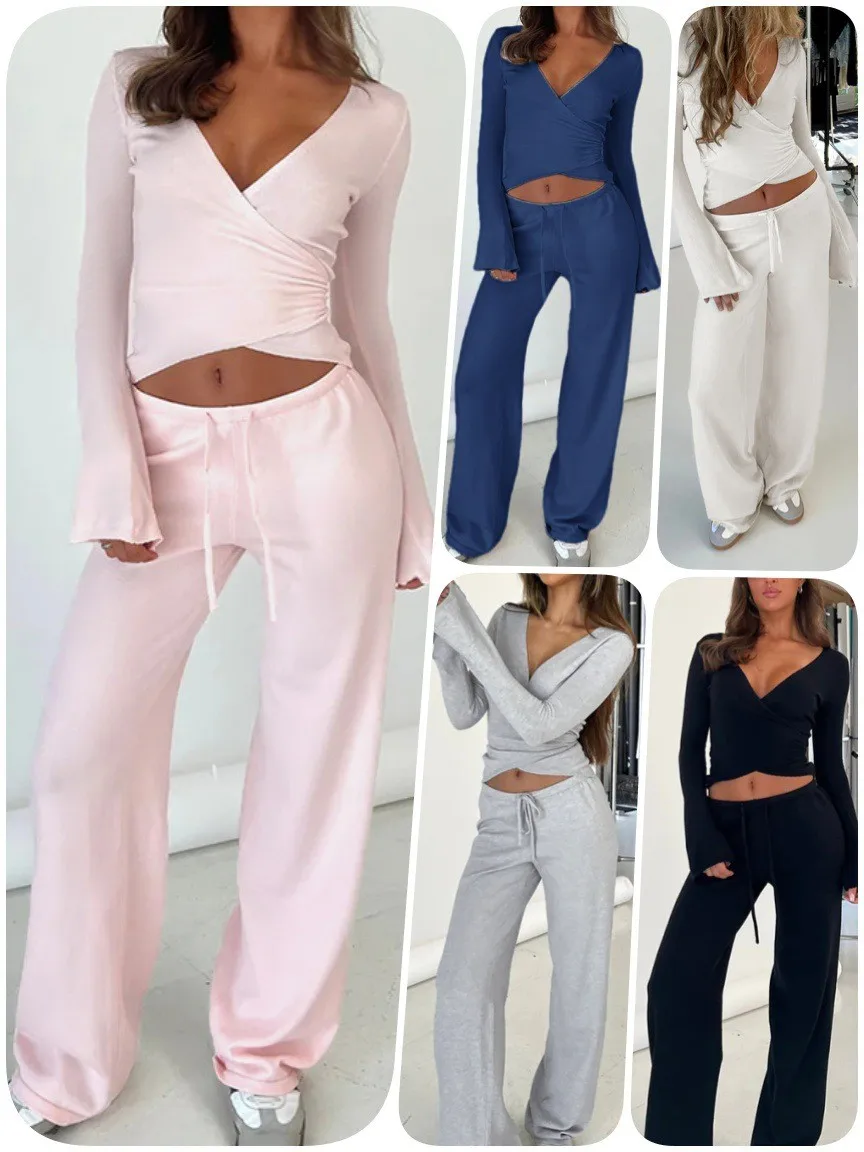 Women's 2-piece Set Crop Top Solid Color Drawstring Waist High Waisted Wide Leg Pants Casual Knit Long Sleeve T Shirt Women's
Women's 2-piece Set Crop Top Solid Color Drawstring Waist High Waisted Wide Leg Pants Casual Knit Long Sleeve T Shirt Women's