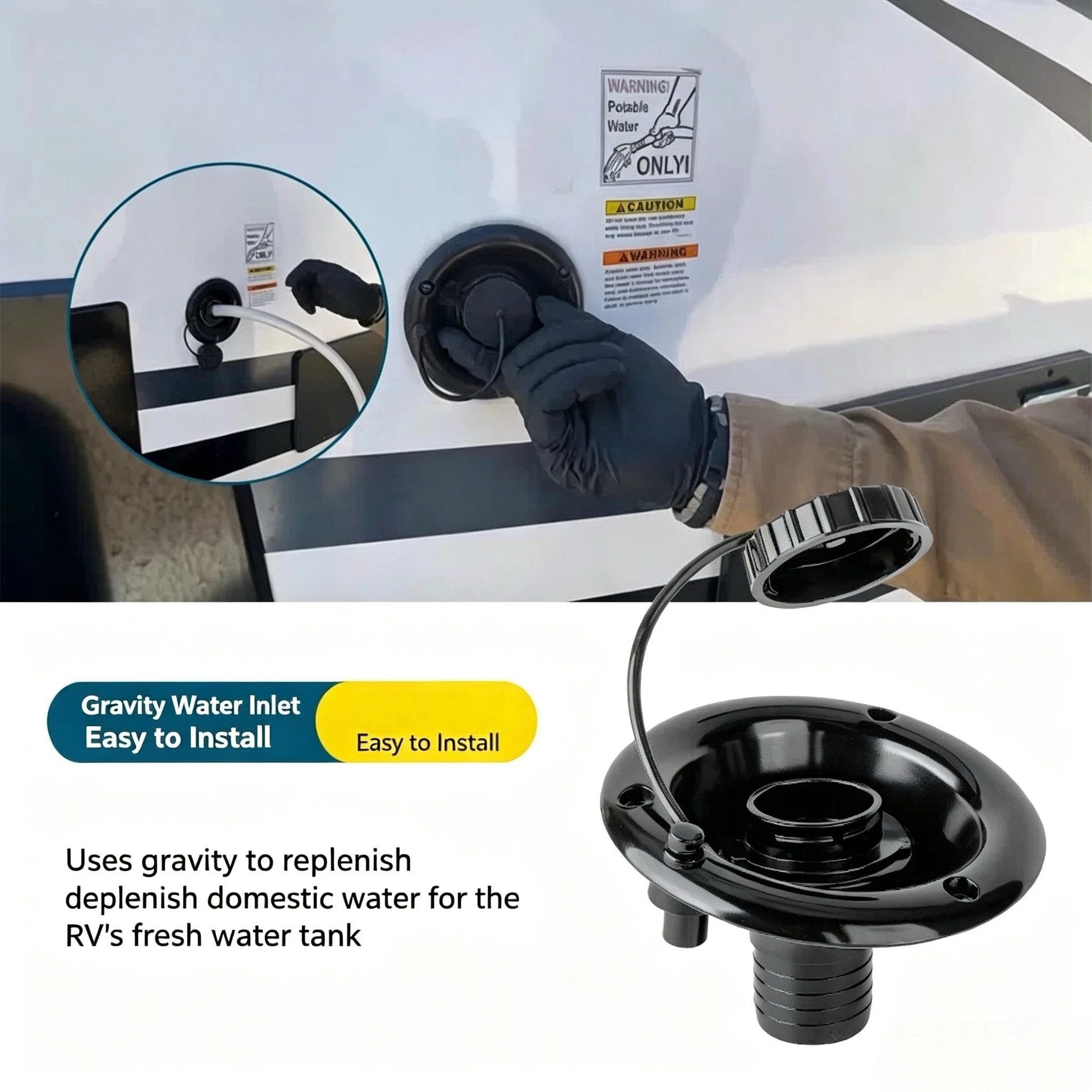 Round Gravity Water Fill Inlet, Water Tank Filler Port Modification Accessories for Yacht, RV, Camper and Trailer
Round Gravity Water Fill Inlet, Water Tank Filler Port Modification Accessories for Yacht, RV, Camper and Trailer