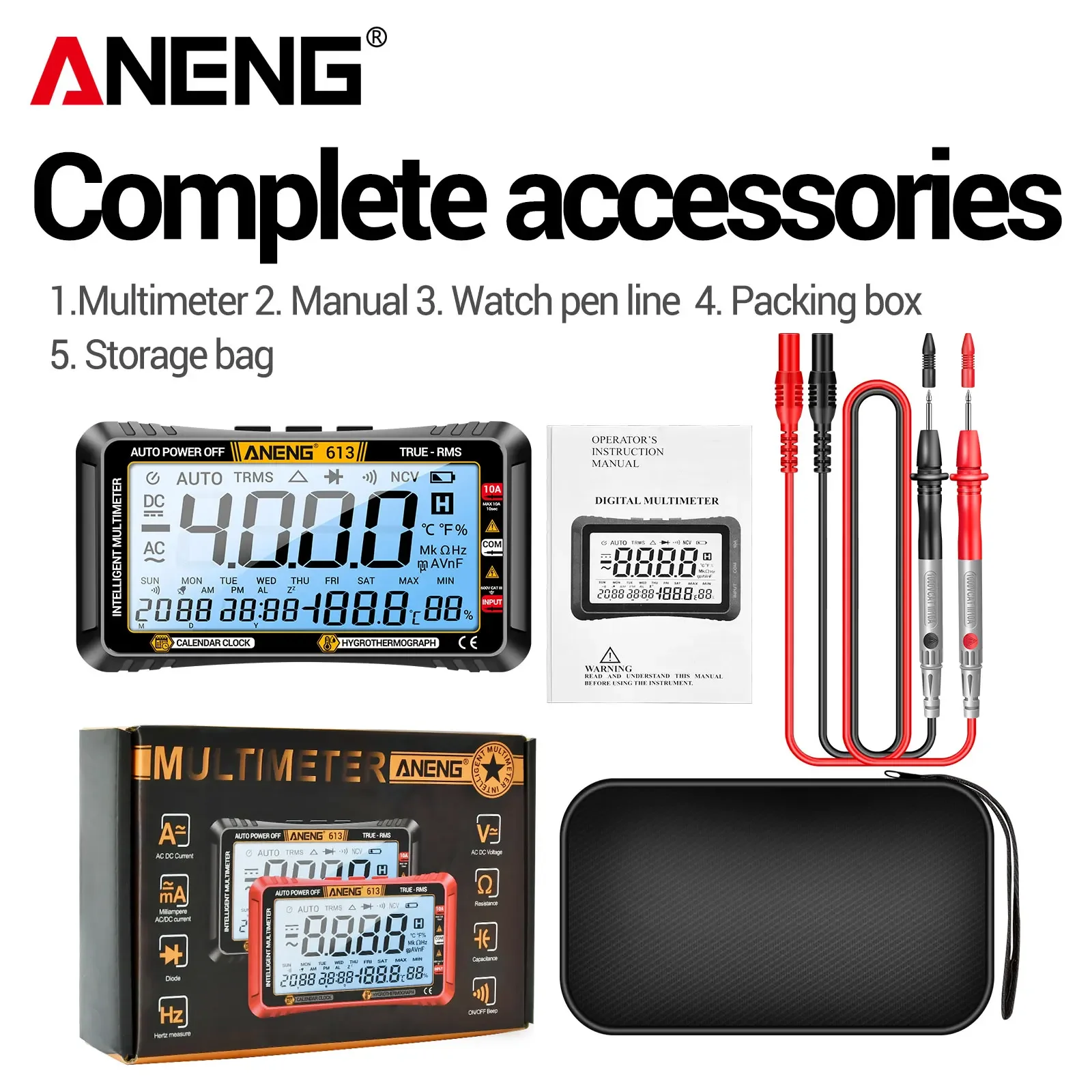 High precision multimeter ANENG 613 4000 counts AC/DC voltage current capacitance frequency temperature and humidity detection
High precision multimeter ANENG 613 4000 counts AC/DC voltage current capacitance frequency temperature and humidity detection