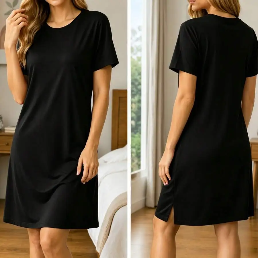 Black Short Sleeve Sleep Dress For Women, Casual Loungewear With Side Slit, Summer Nightwear
Black Short Sleeve Sleep Dress For Women, Casual Loungewear With Side Slit, Summer Nightwear