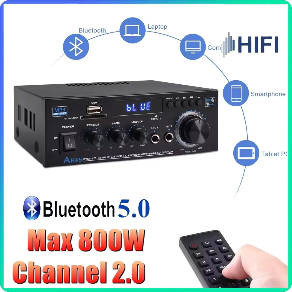 Digital Audio Amplifier 300Wx2 2.0 Channel AK45 HiFi Stereo Amplifier Receiver AC 90V-240V Bluetooth-compatible 5.0 For Home Car
Digital Audio Amplifier 300Wx2 2.0 Channel AK45 HiFi Stereo Amplifier Receiver AC 90V-240V Bluetooth-compatible 5.0 For Home Car