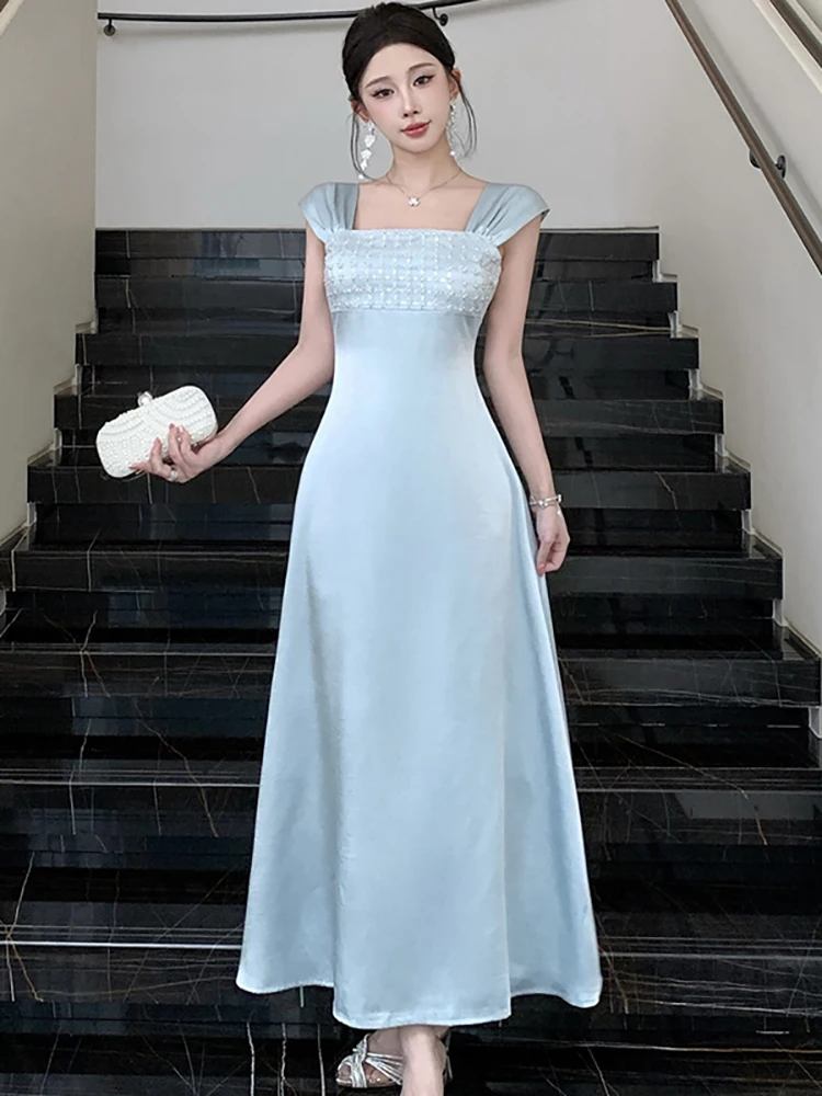 Summer Blue Satin Patchwork Sequins Suqare Collar Sling Dress Women Elegant Bodycon Party Dress 2026 Korean Luxury Evening Dress
Summer Blue Satin Patchwork Sequins Suqare Collar Sling Dress Women Elegant Bodycon Party Dress 2026 Korean Luxury Evening Dress