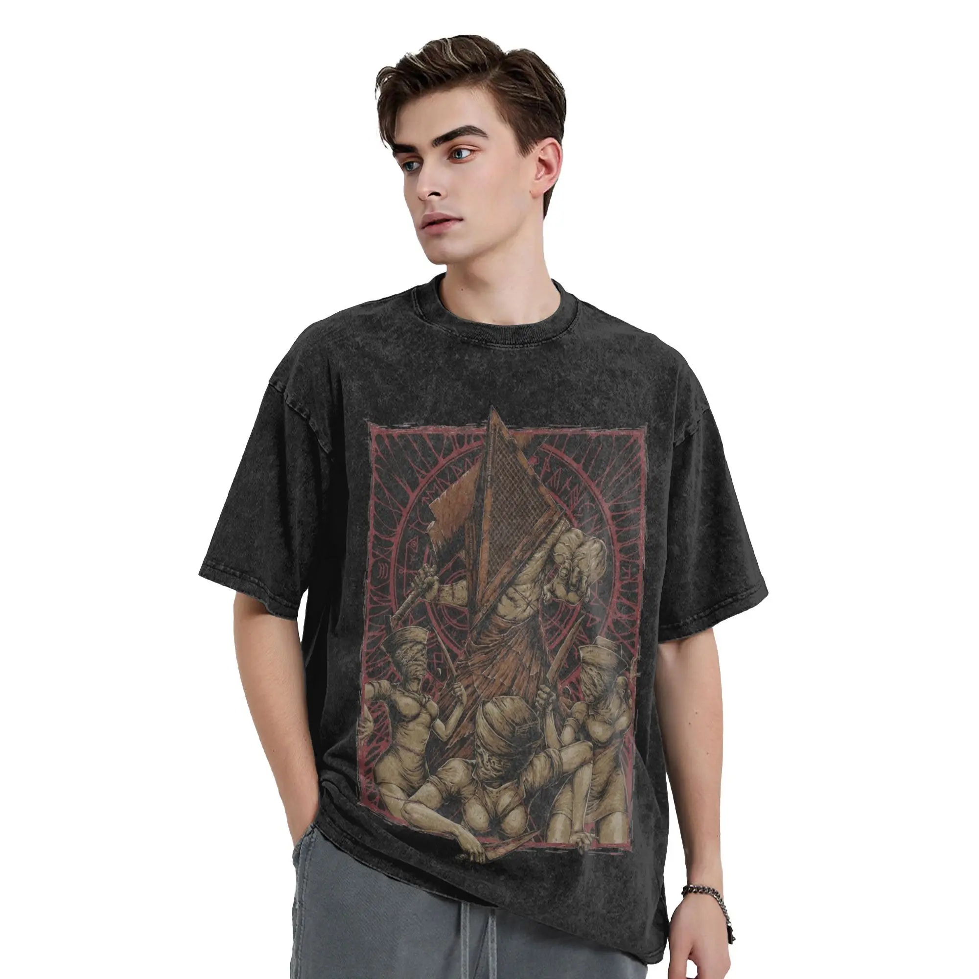 Washed T Shirt Silent Hill Pyramid Head and Nurses Vintage T-Shirts Survival Horror Short Sleeve Summer Tee Shirt for Men Women
Washed T Shirt Silent Hill Pyramid Head and Nurses Vintage T-Shirts Survival Horror Short Sleeve Summer Tee Shirt for Men Women