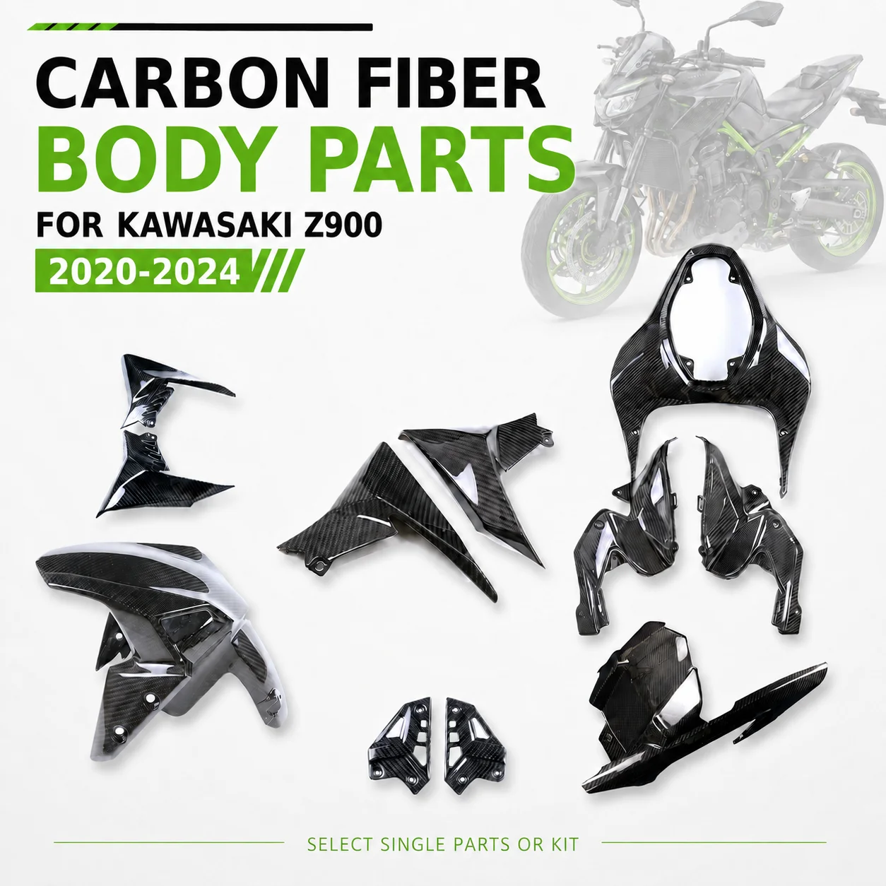 Carbon Fiber Fairing Kit Options Front Rear Fender Tank Cover Side Panel for Kawasaki Z900 Z900 2020-2024 Motorcycle Accessories
Carbon Fiber Fairing Kit Options Front Rear Fender Tank Cover Side Panel for Kawasaki Z900 Z900 2020-2024 Motorcycle Accessories