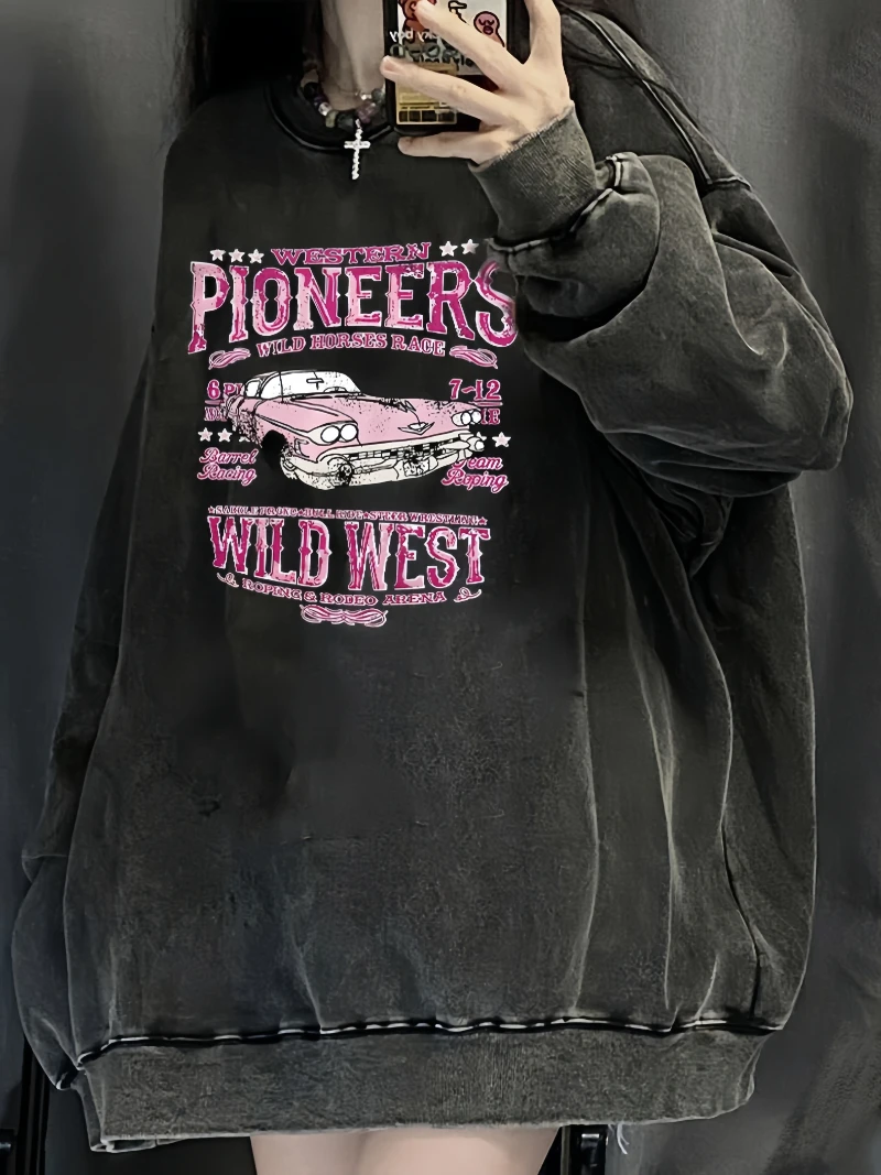 100% Cotton Woman Washed Sweatshirt Pioneers Wild West Prints Tops Crewneck Oversize Distressed Acid Wash Hoodie Vintage Clothes
100% Cotton Woman Washed Sweatshirt Pioneers Wild West Prints Tops Crewneck Oversize Distressed Acid Wash Hoodie Vintage Clothes