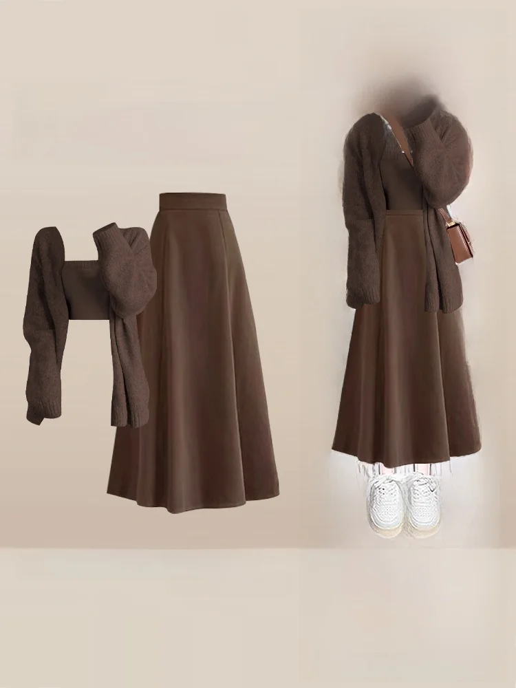 Women's Knitted Set Coffee Color Open Cardigan Strap Vest Waist Inward f Skirt Two-piece Autumn Winter Faion Ensemble
Women's Knitted Set Coffee Color Open Cardigan Strap Vest Waist Inward f Skirt Two-piece Autumn Winter Faion Ensemble