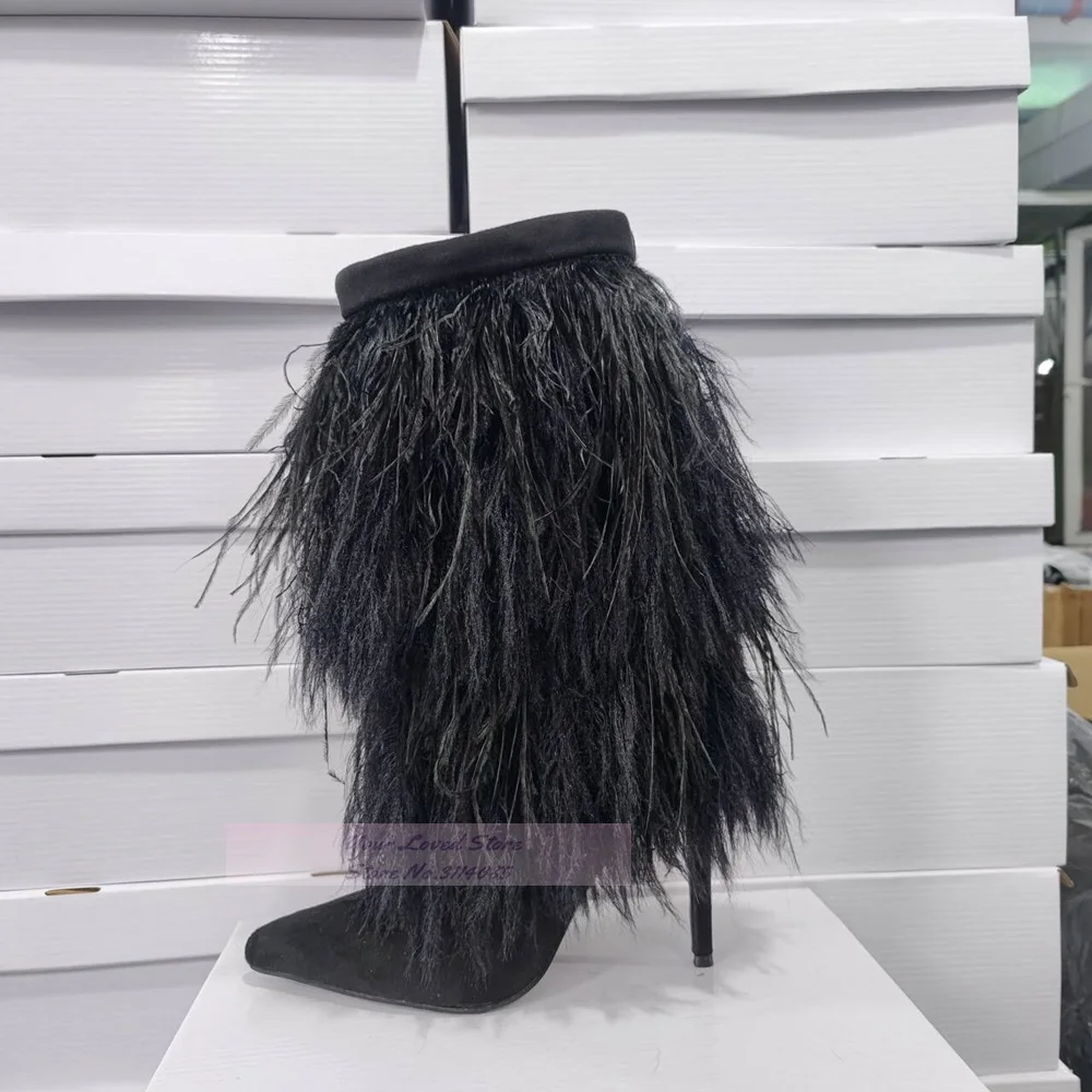 Factory Real Photo Black Fluffy Feather Mid-Calf Boots Stiletto Heels Pointed Toe Fur Middle Boots Sweet Warm Dress Shoes
Factory Real Photo Black Fluffy Feather Mid-Calf Boots Stiletto Heels Pointed Toe Fur Middle Boots Sweet Warm Dress Shoes