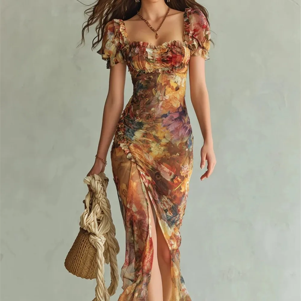 Elegant Summer Dress Bohemian Floral Temperament Versatile Sexy Fashionable Slim Square Neck Waisted Puff Sleeves Long Dresses
Elegant Summer Dress Bohemian Floral Temperament Versatile Sexy Fashionable Slim Square Neck Waisted Puff Sleeves Long Dresses