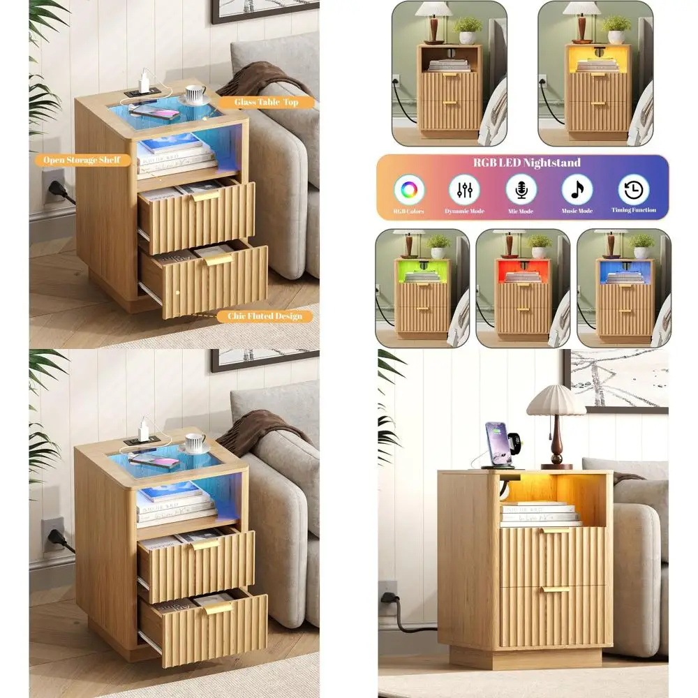 Прикроватная тумба с 15 светодиодными лампами, зарядным устройством, ящиками для хранения и стеклянной столешницей, отделка натуральный дуб
Прикроватная тумба с 15 светодиодными лампами, зарядным устройством, ящиками для хранения и стеклянной столешницей, отделка натуральный дуб