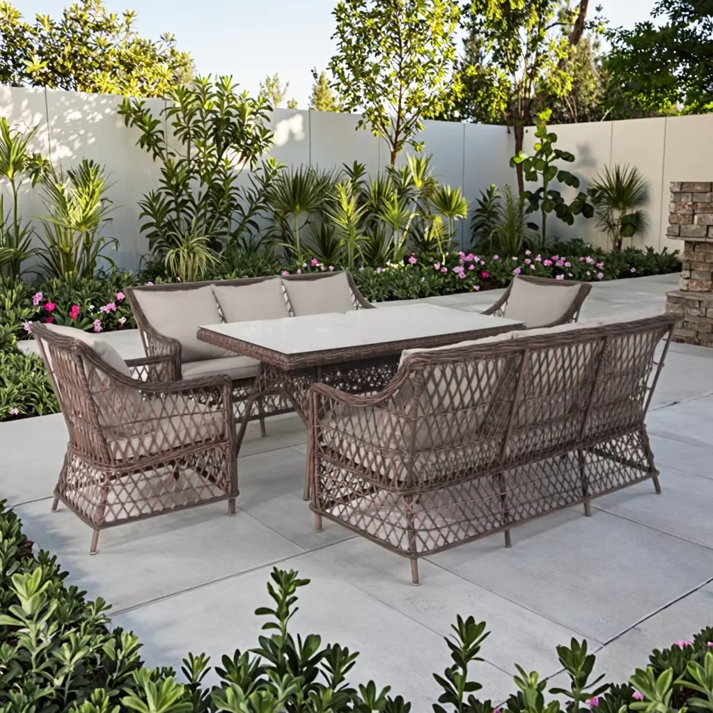 Современный прочный железный уличный стол, набор стульев с подушками для заднего сиденья и приставной столик для патио, двора
Современный прочный железный уличный стол, набор стульев с подушками для заднего сиденья и приставной столик для патио, двора