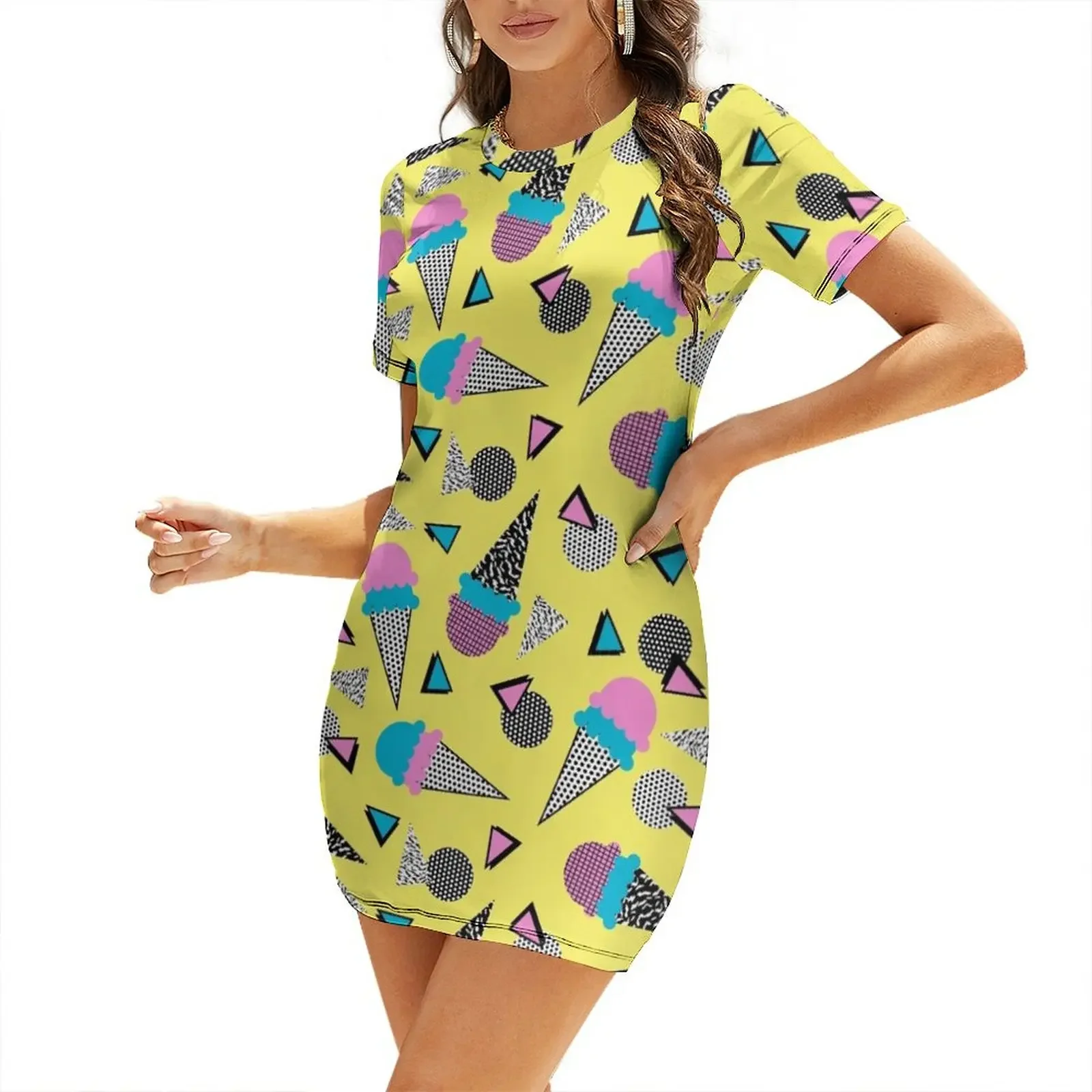 Cruncher - memphis throwback ice cream cone desert 1980s 80s style retro geometric neon pop art Short-Sleeved Dress
Cruncher - memphis throwback ice cream cone desert 1980s 80s style retro geometric neon pop art Short-Sleeved Dress