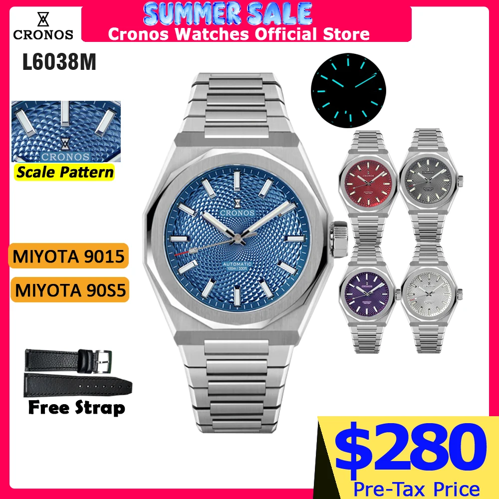Cronos Luxury Men Watch 39mm Automatic Miyota 9015 90S5 Wristwatches Sapphire 10ATM See-through Back L6038M
Cronos Luxury Men Watch 39mm Automatic Miyota 9015 90S5 Wristwatches Sapphire 10ATM See-through Back L6038M