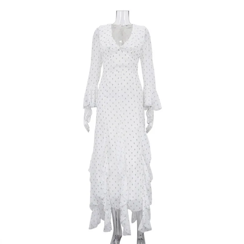 Iridesse New Printed Chiffon Dress, Women, Ruffled Trim, Bell Sleeves, High Waist, Elegant Maxi Dress
Iridesse New Printed Chiffon Dress, Women, Ruffled Trim, Bell Sleeves, High Waist, Elegant Maxi Dress
