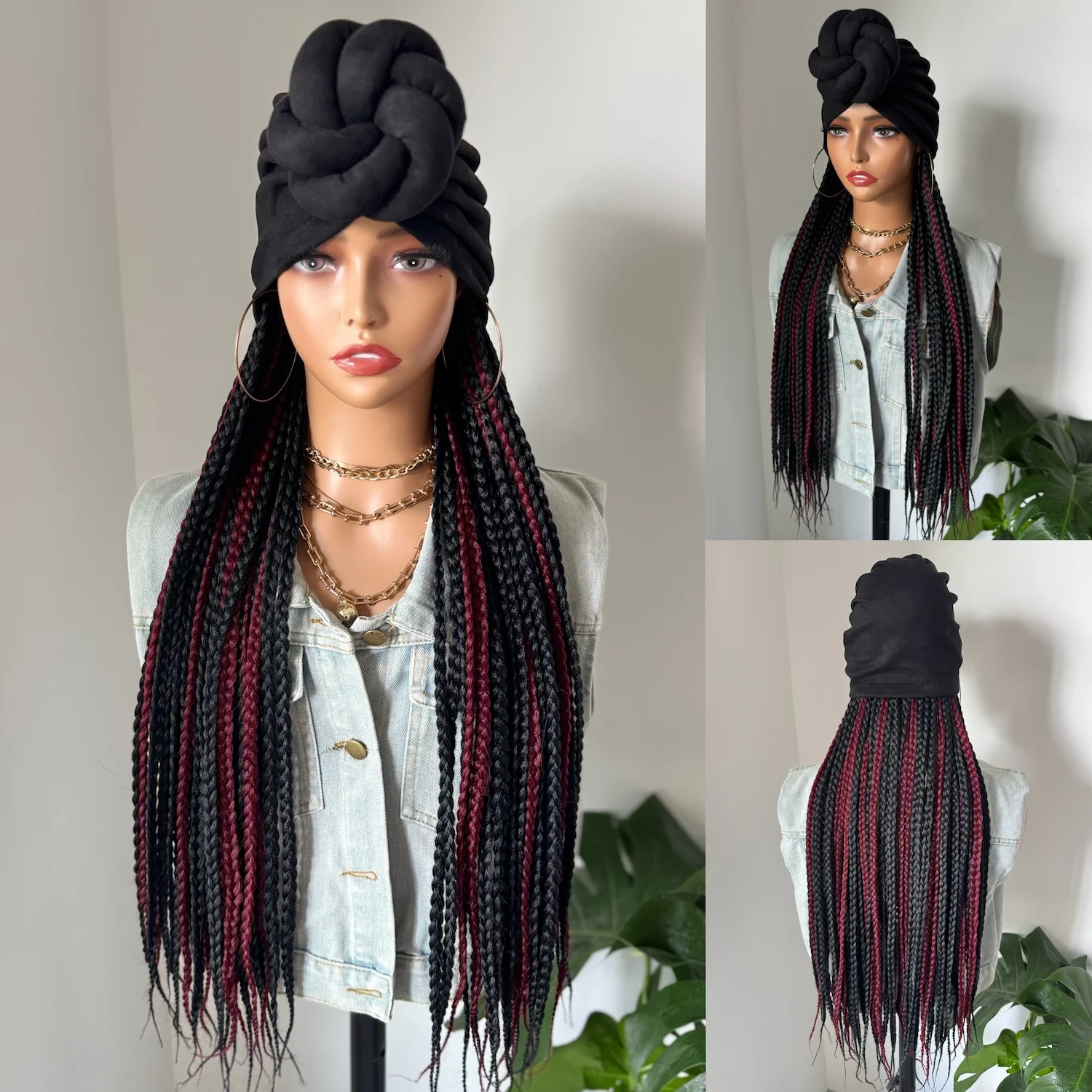 WIGERA Long 24Inch Synthetic Black Burgundy Box Braided With Headband Elasticated Band Turban Hat Box Braiding Hair Extensions
WIGERA Long 24Inch Synthetic Black Burgundy Box Braided With Headband Elasticated Band Turban Hat Box Braiding Hair Extensions