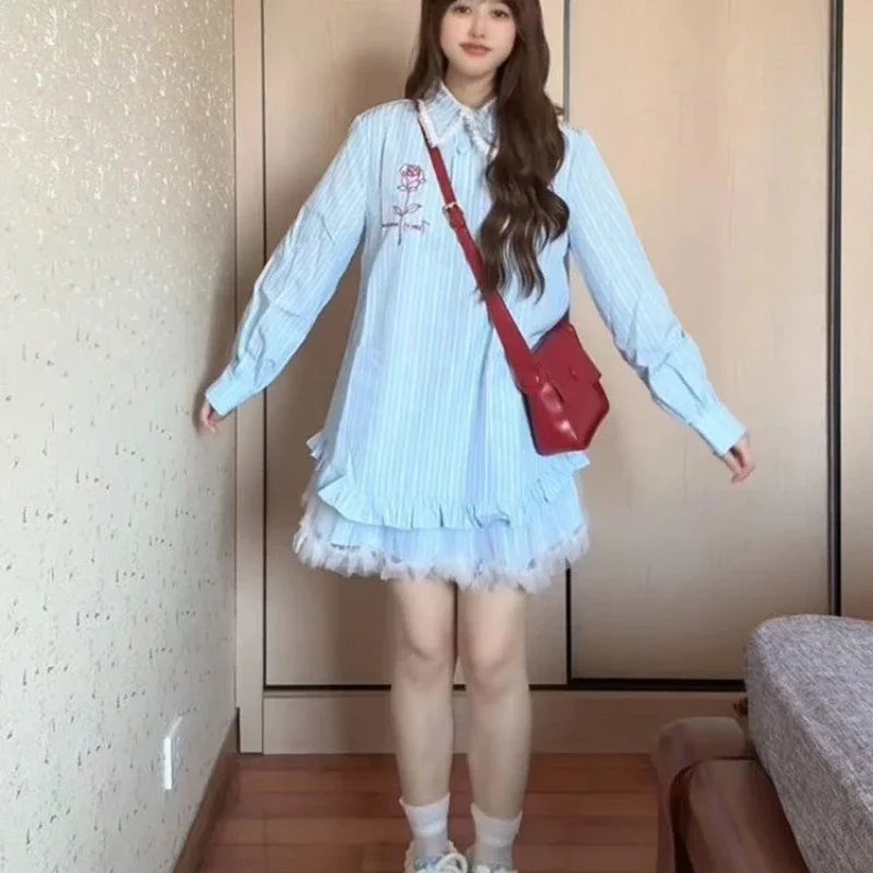 New Loose Flesh-covering Long-sleeved New Sweet Blue Striped Shirt Lace Dress Princess Dress dfd23d
New Loose Flesh-covering Long-sleeved New Sweet Blue Striped Shirt Lace Dress Princess Dress dfd23d