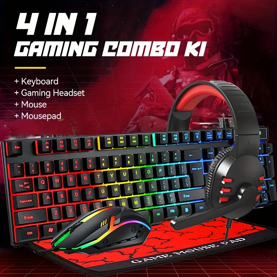 4-In-1 Wired Gaming Keyboard Mouse, Mouse Pad, Gaming Headset LED Backlit Headset with a Microphone for Esports Gaming Office
4-In-1 Wired Gaming Keyboard Mouse, Mouse Pad, Gaming Headset LED Backlit Headset with a Microphone for Esports Gaming Office