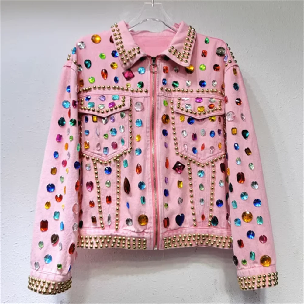 new design style Rivet diamond pink jacket women's loose zipper long-sleeved denim jacket
new design style Rivet diamond pink jacket women's loose zipper long-sleeved denim jacket