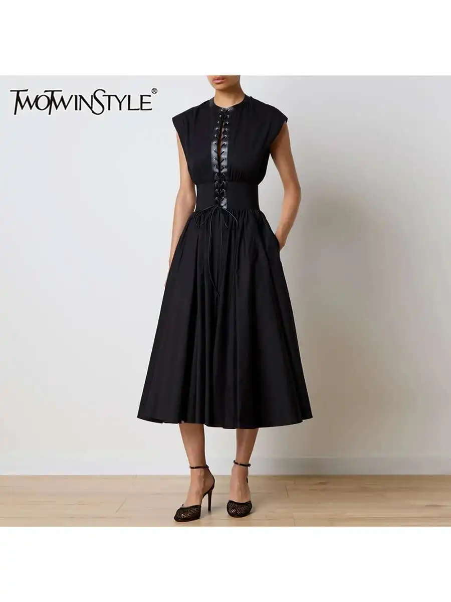 TWOTWINSTYLE Solid Spliced Lace Up Slimming Dresses For Women O Neck Sleeveless High Waist Temperament Long Dress Female Fashion
TWOTWINSTYLE Solid Spliced Lace Up Slimming Dresses For Women O Neck Sleeveless High Waist Temperament Long Dress Female Fashion