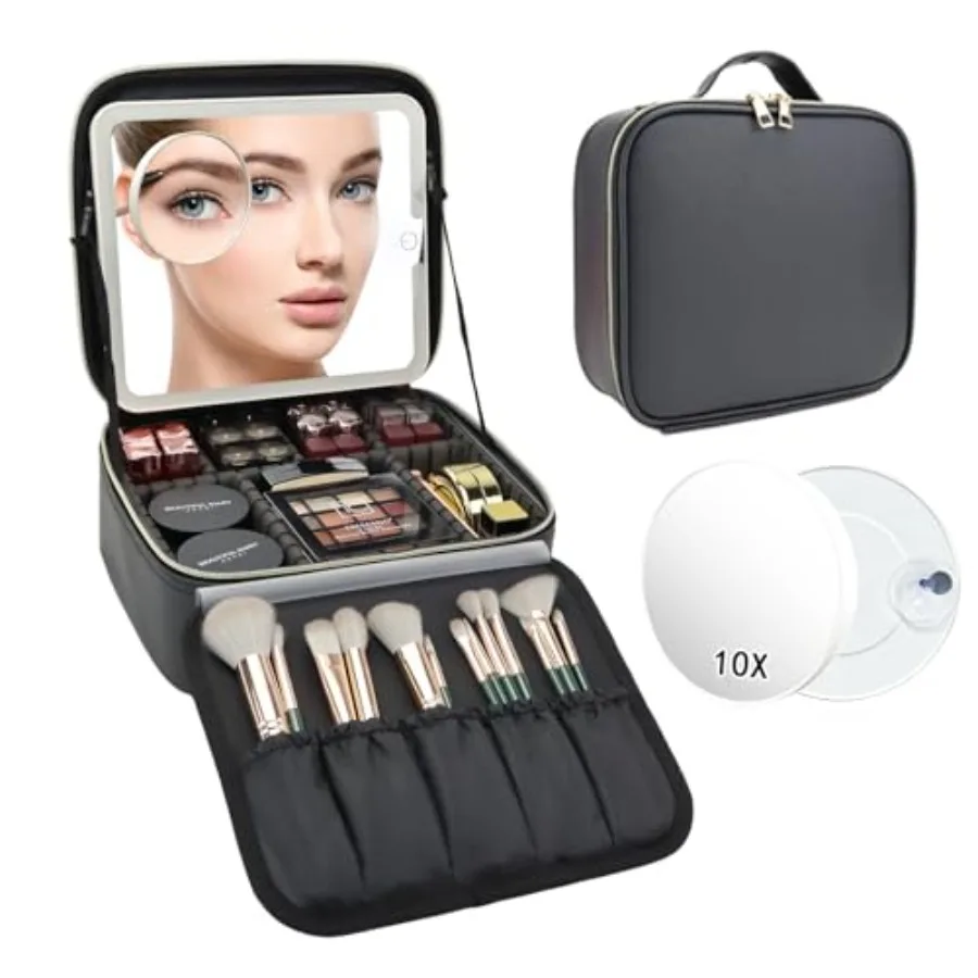 Travel Makeup Bag 3 Lighted Settings, Adjustable Dividers and Makeup Brush Storage Bag
Travel Makeup Bag 3 Lighted Settings, Adjustable Dividers and Makeup Brush Storage Bag