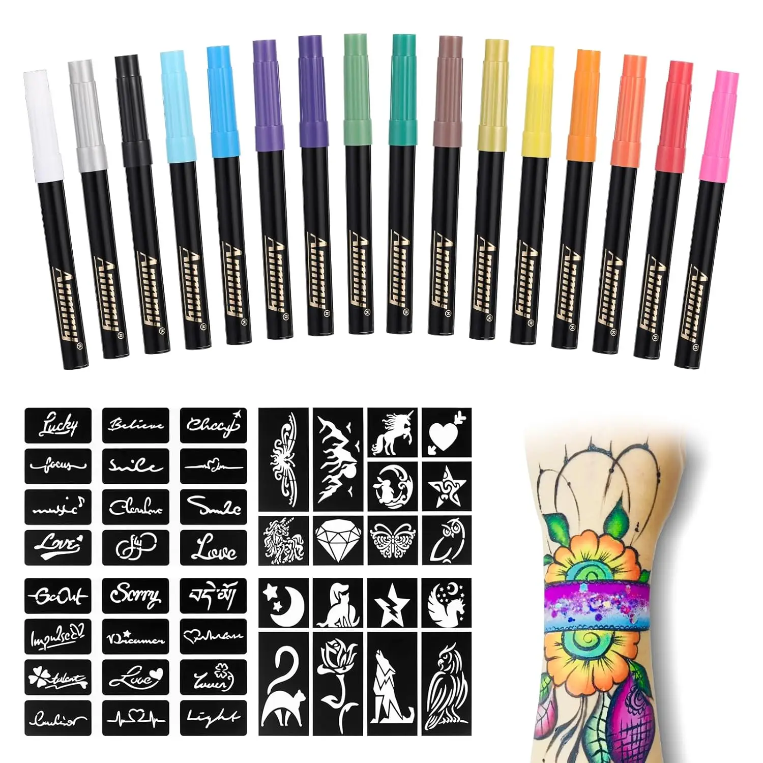 16-Color Temporary Tattoo Markers + 77 Stencils, Flexible Brush Tip, Skin-Safe, Water-Resistant
16-Color Temporary Tattoo Markers + 77 Stencils, Flexible Brush Tip, Skin-Safe, Water-Resistant
