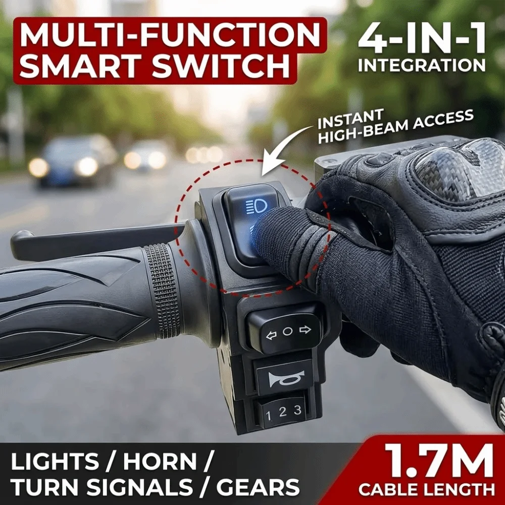 4-in-1 Headlamp Control Switch Horn Turn Signal Motorcycle Handlebar Switch 22mm 9 Pin SM Connector Integrated Switch
4-in-1 Headlamp Control Switch Horn Turn Signal Motorcycle Handlebar Switch 22mm 9 Pin SM Connector Integrated Switch